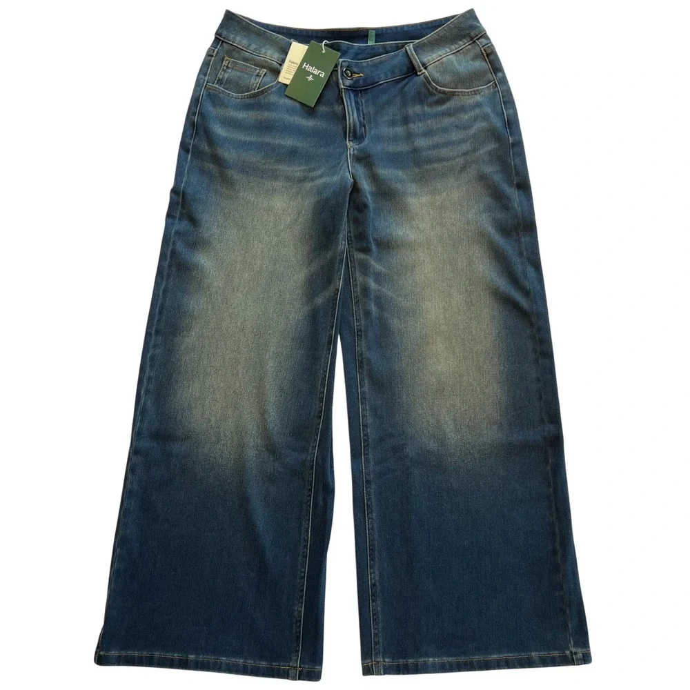 Halara Flex Denim Blue Wide Leg Stretch Asymmetrical Waist Jeans NWT Size MP - Picture 2 of 9